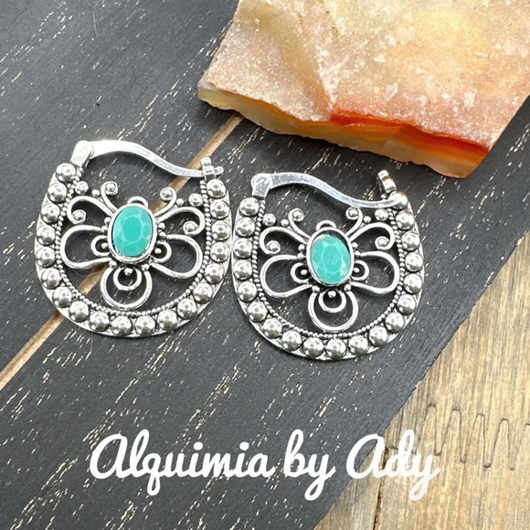 Turquoise and silver ethnic statement hoops earrings/protection and peace - Picture 1 of 6